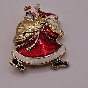 VINTAGE SANTA Clause Running WITH TOY BAG BROOCH